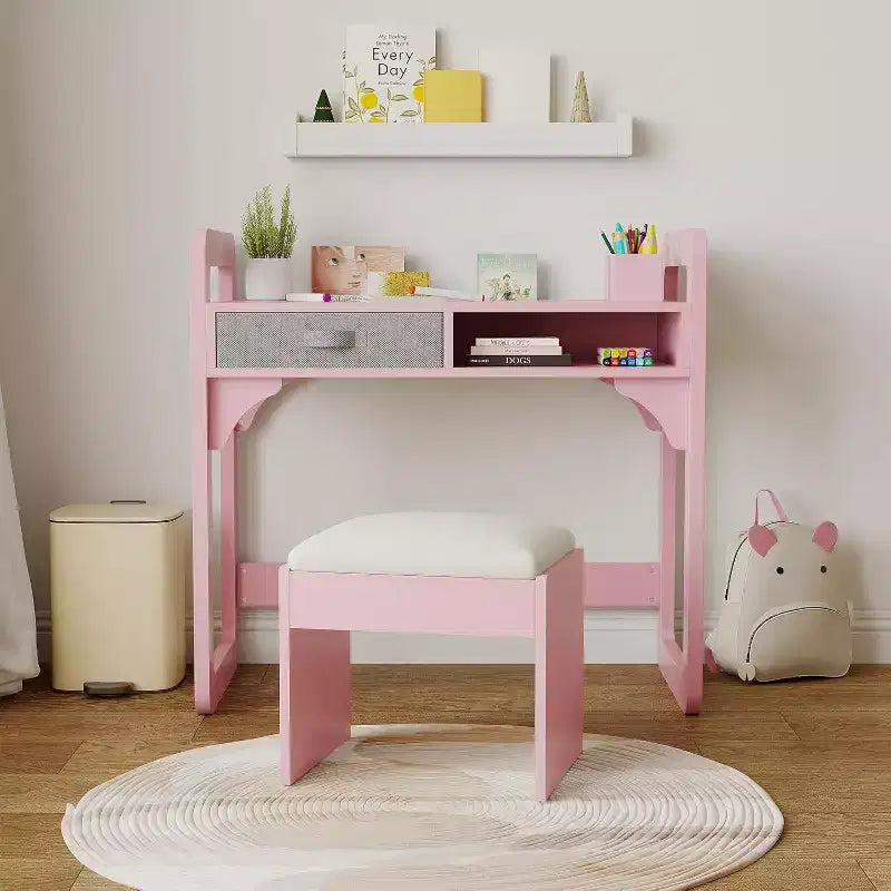 Ensemble bureau et chaise en bois avec tiroirs en tissu spacieux et porte-stylo intégré pour un apprentissage et une écriture organisés