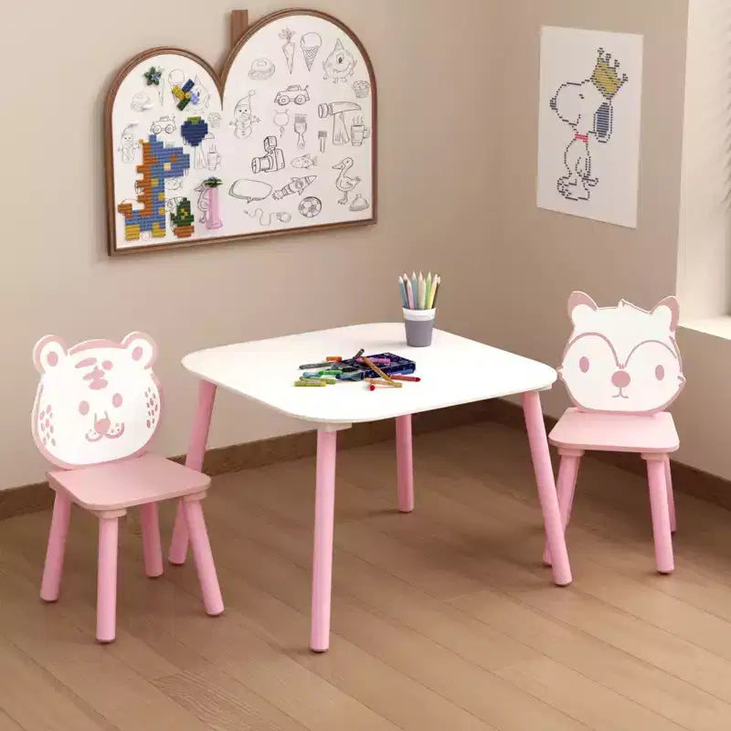 JVNOXK Kids Table and Chair Set, 3-Piece Wooden Toddler Desk with Animal Backrest, Activity Table for Drawing, Learning,Playroom or Nursery Pink