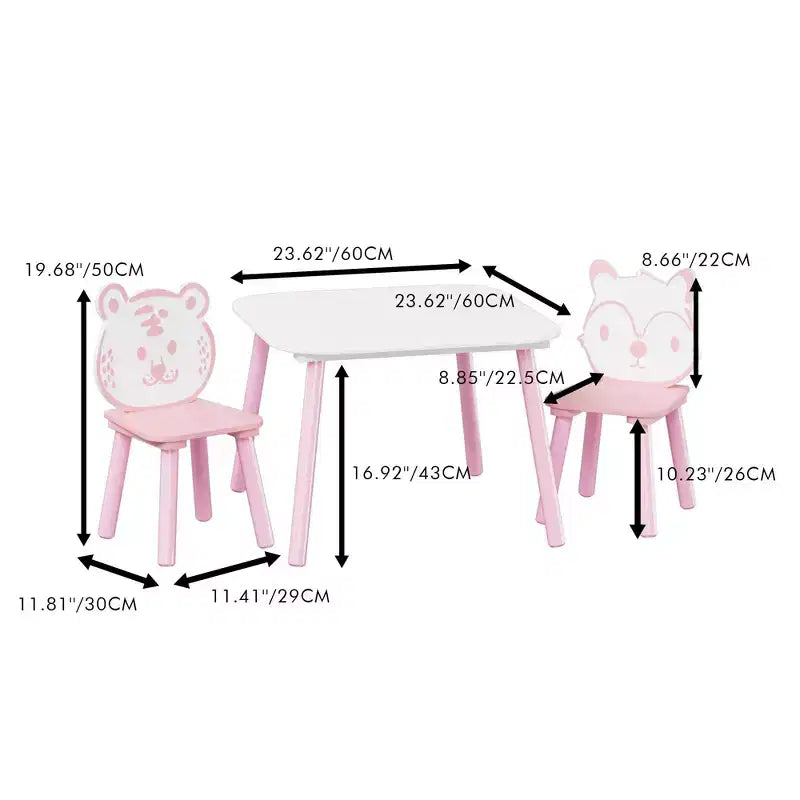 JVNOXK Ensemble Table et Chaises pour Enfants, Bureau en Bois 3 Pièces avec Dossier Animal, Table d'Activité pour Dessin, Apprentissage, Salle de Jeux ou Chambre de Bébé Rose