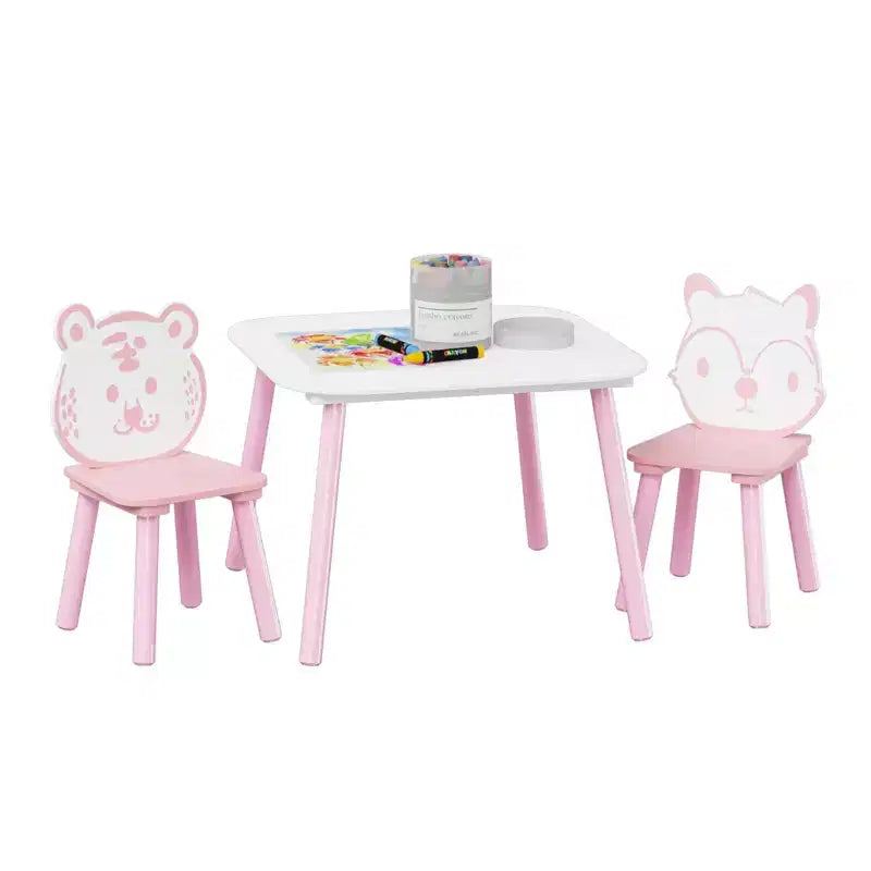JVNOXK Ensemble Table et Chaises pour Enfants, Bureau en Bois 3 Pièces avec Dossier Animal, Table d'Activité pour Dessin, Apprentissage, Salle de Jeux ou Chambre de Bébé Rose