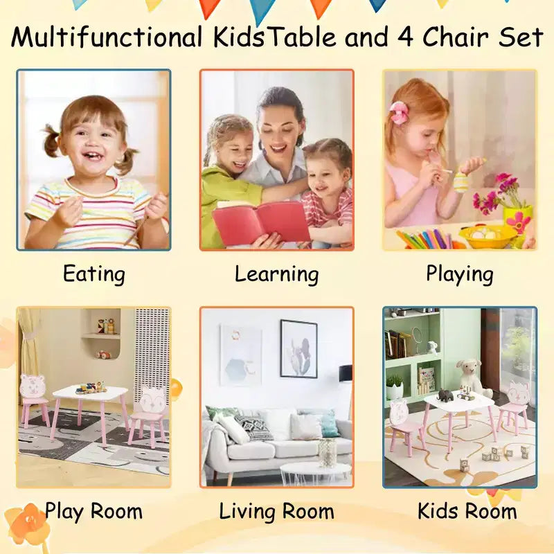 JVNOXK Ensemble Table et Chaises pour Enfants, Bureau en Bois 3 Pièces avec Dossier Animal, Table d'Activité pour Dessin, Apprentissage, Salle de Jeux ou Chambre de Bébé Rose