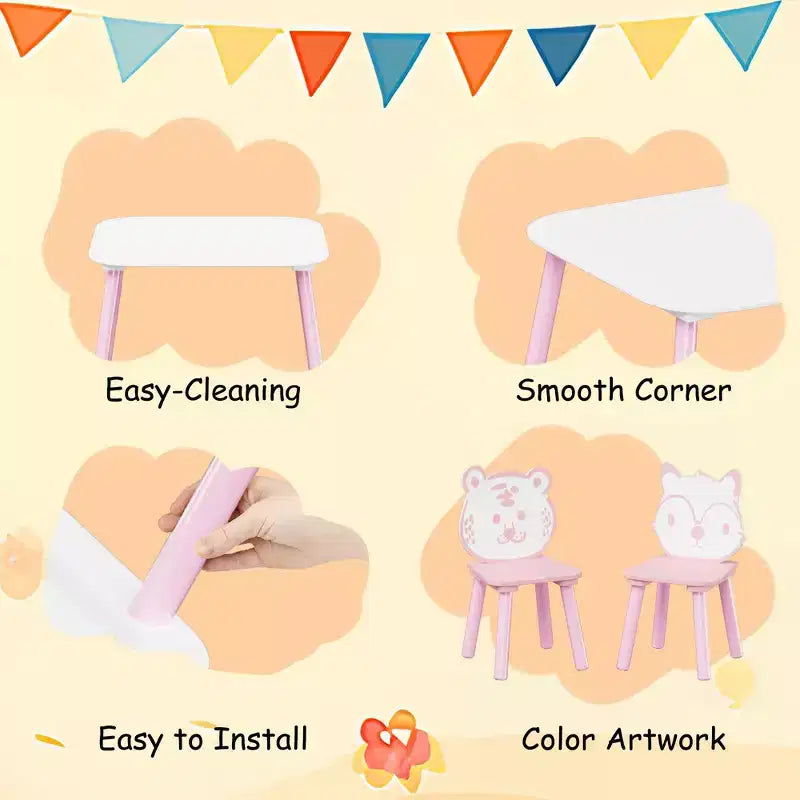 JVNOXK Ensemble Table et Chaises pour Enfants, Bureau en Bois 3 Pièces avec Dossier Animal, Table d'Activité pour Dessin, Apprentissage, Salle de Jeux ou Chambre de Bébé Rose
