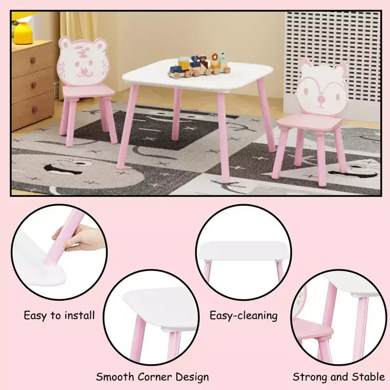 JVNOXK Ensemble Table et Chaises pour Enfants, Bureau en Bois 3 Pièces avec Dossier Animal, Table d'Activité pour Dessin, Apprentissage, Salle de Jeux ou Chambre de Bébé Rose