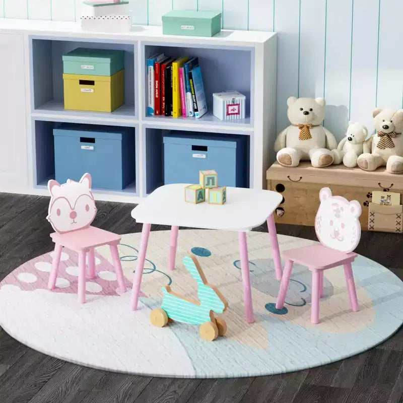 JVNOXK Ensemble Table et Chaises pour Enfants, Bureau en Bois 3 Pièces avec Dossier Animal, Table d'Activité pour Dessin, Apprentissage, Salle de Jeux ou Chambre de Bébé Rose
