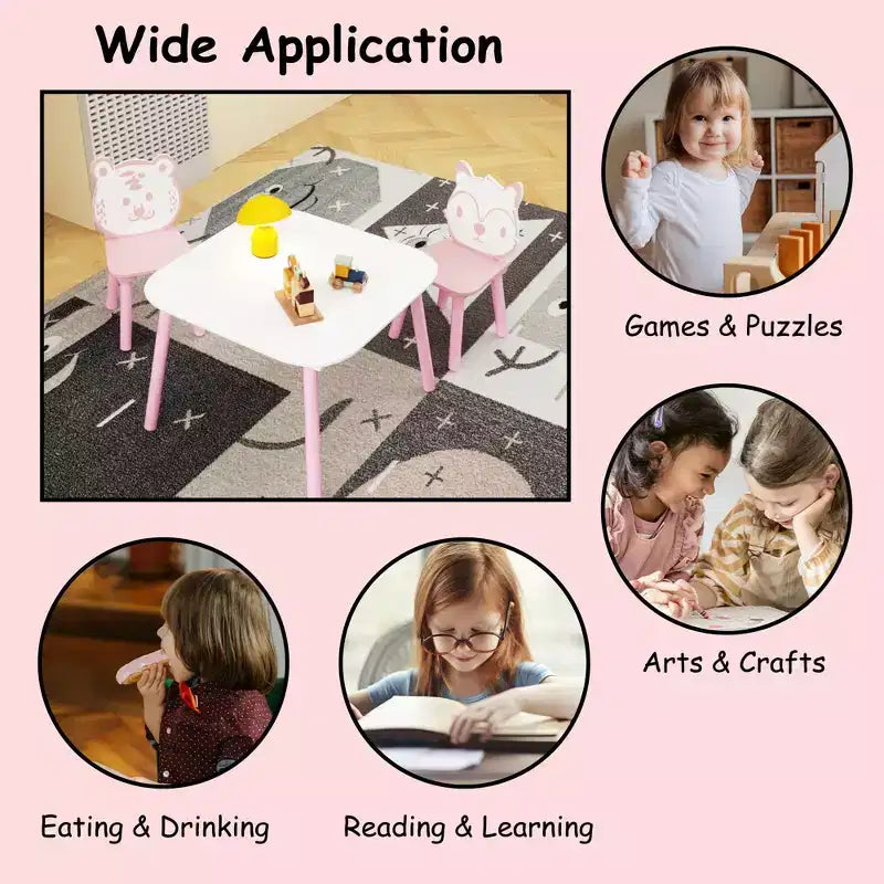 JVNOXK Ensemble Table et Chaises pour Enfants, Bureau en Bois 3 Pièces avec Dossier Animal, Table d'Activité pour Dessin, Apprentissage, Salle de Jeux ou Chambre de Bébé Rose