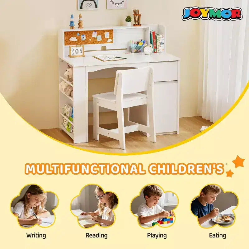 JOYMOR Kids Desk and Chair Sets with Bookshelf, Kids Study Desk with Storage Cabinet, Student Computer Table for 5-12 Years Old