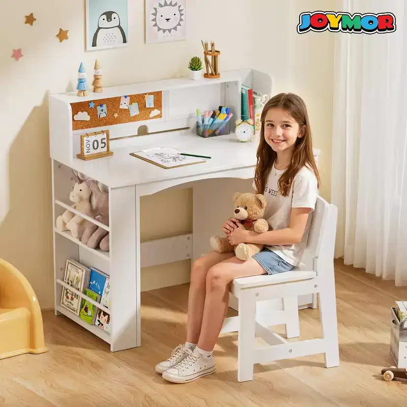 JOYMOR Bureaux et Chaises pour Enfants avec Étagère, Bureau d'Étude pour Enfants avec Meuble de Rangement, Table d'Ordinateur pour Étudiants pour Enfants de 5 à 12 Ans