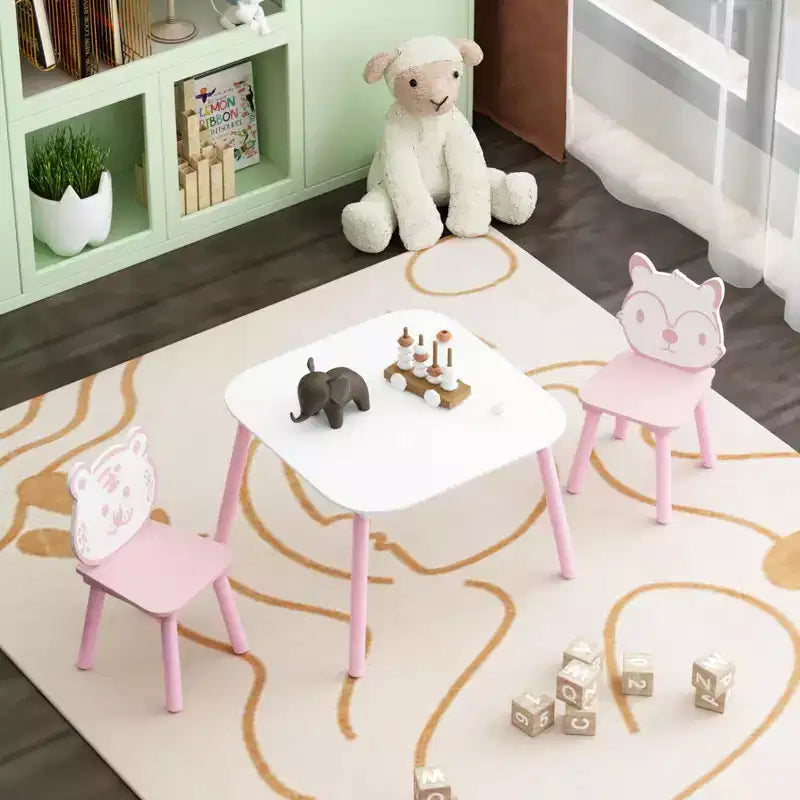 Kids Table and Chair Set, 3-Piece Wooden Toddler Desk with Animal Backrest, Activity Table for Drawing, Learning,Playroom or Nursery(Pink&White)