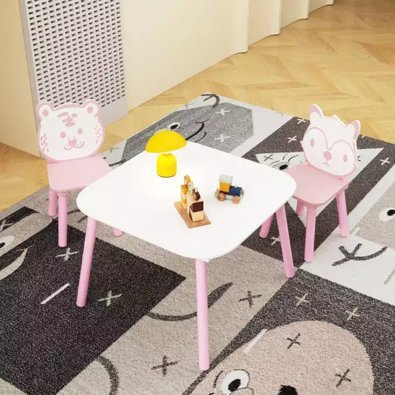Ensemble Table et Chaises pour Enfants, Bureau Enfant en Bois 3 Pièces avec Dossier Animal, Table d'Activités pour Dessin, Apprentissage, Salle de Jeux ou Crèche (Rose et Blanc)