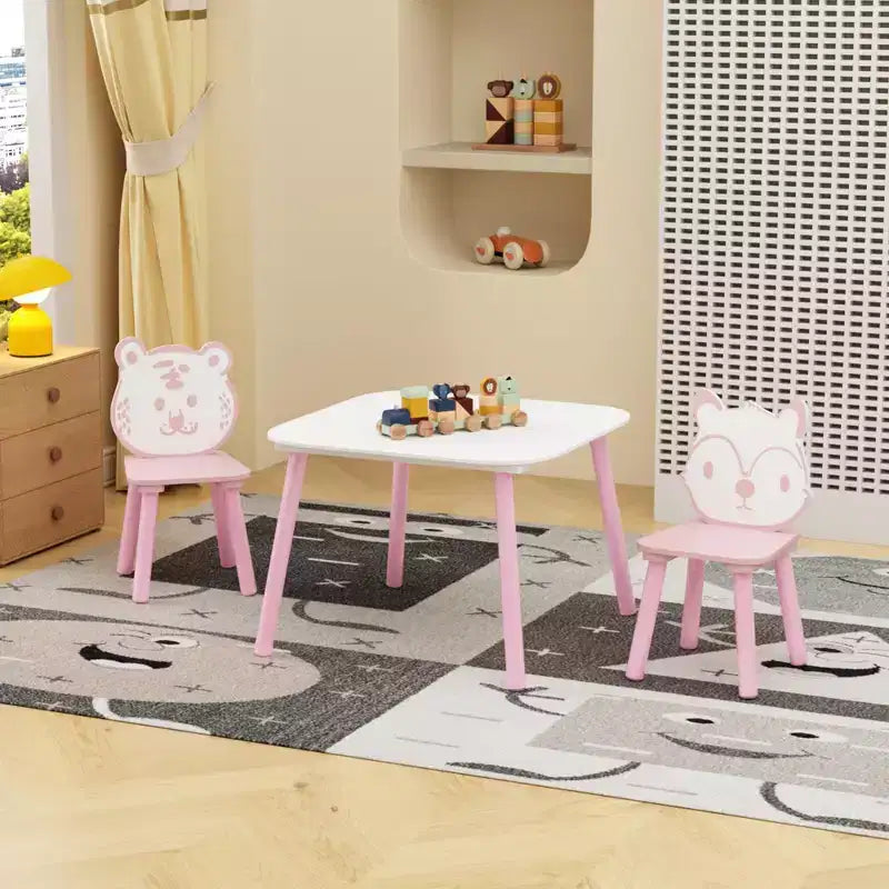 Ensemble Table et Chaises pour Enfants, Bureau Enfant en Bois 3 Pièces avec Dossier Animal, Table d'Activités pour Dessin, Apprentissage, Salle de Jeux ou Crèche (Rose et Blanc)