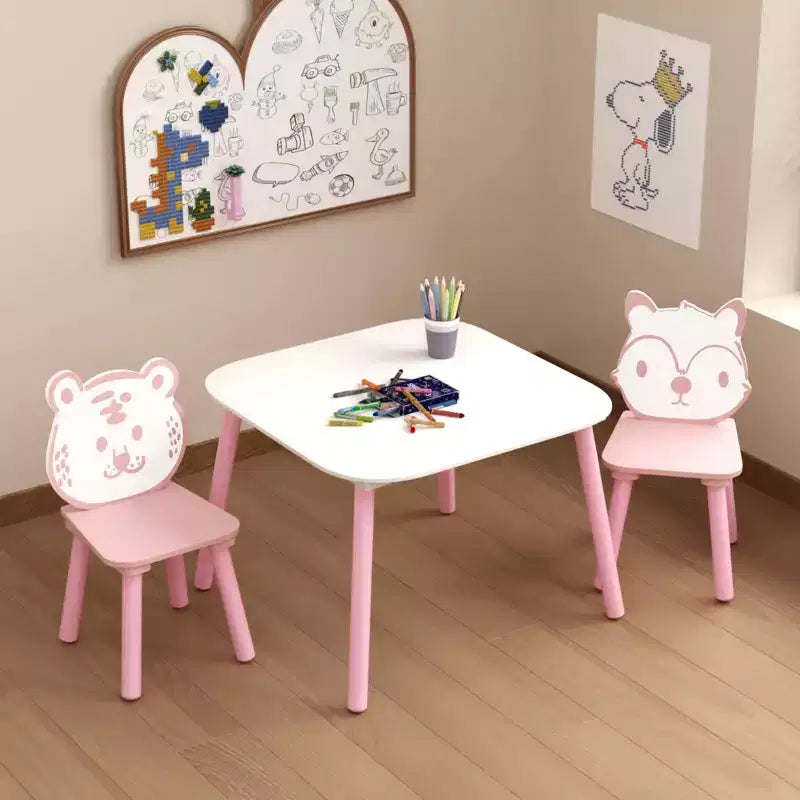 Ensemble Table et Chaises pour Enfants, Bureau Enfant en Bois 3 Pièces avec Dossier Animal, Table d'Activités pour Dessin, Apprentissage, Salle de Jeux ou Crèche (Rose et Blanc)