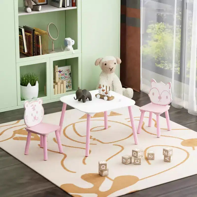 Ensemble Table et Chaises pour Enfants, Bureau Enfant en Bois 3 Pièces avec Dossier Animal, Table d'Activités pour Dessin, Apprentissage, Salle de Jeux ou Crèche (Rose et Blanc)