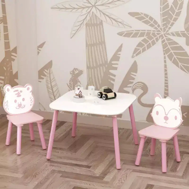 Ensemble Table et Chaises pour Enfants, Bureau Enfant en Bois 3 Pièces avec Dossier Animal, Table d'Activités pour Dessin, Apprentissage, Salle de Jeux ou Crèche (Rose et Blanc)