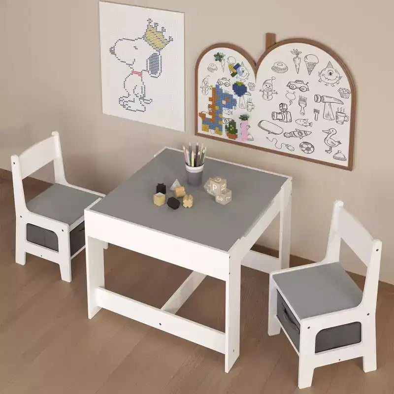 Kids Table and Chair Set, 3 in 1 Wooden Activity Table with Storage Drawer for Toddlers Drawing, Reading, Crafts, 2 in 1 Detachable Tabletop Table Set