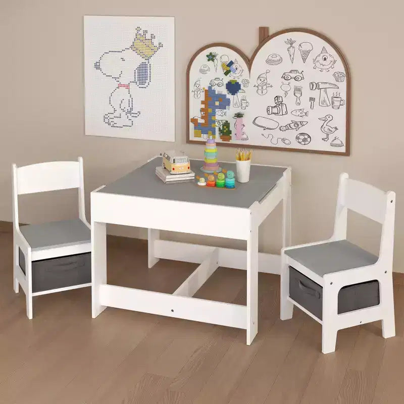 Ensemble Table et Chaises pour Enfants, Table d'Activités en Bois 3 en 1 avec Tiroir de Rangement pour Dessin, Lecture, Bricolage, Ensemble Table à Plateau Amovible 2 en 1
