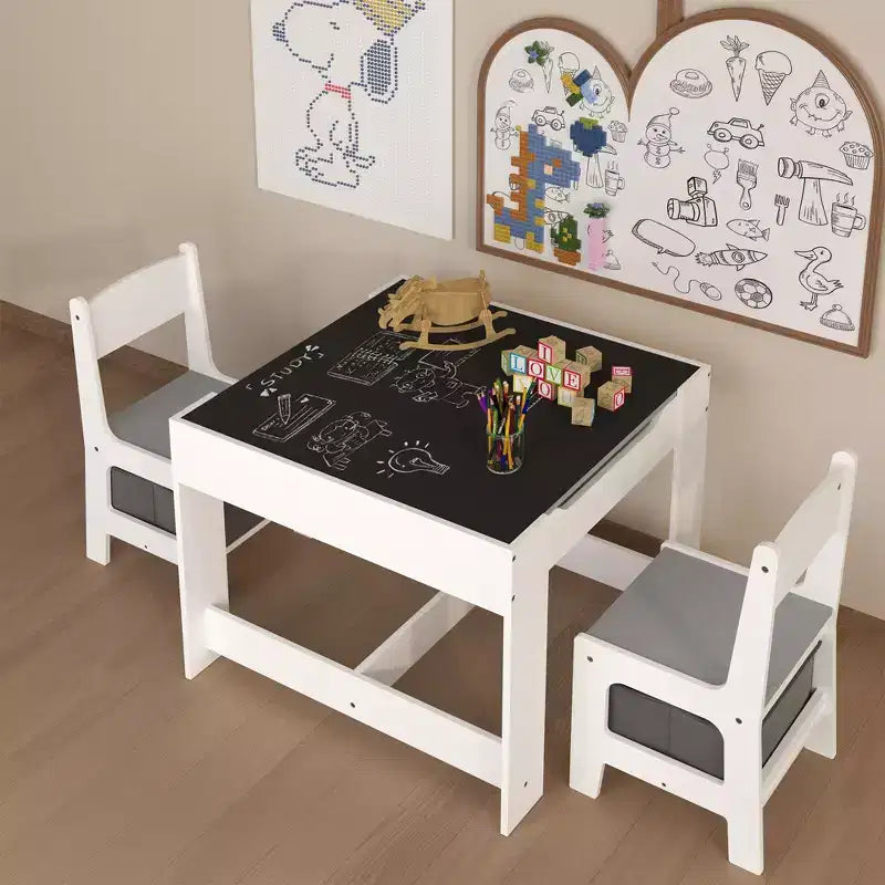 Ensemble Table et Chaises pour Enfants, Table d'Activités en Bois 3 en 1 avec Tiroir de Rangement pour Dessin, Lecture, Bricolage, Ensemble Table à Plateau Amovible 2 en 1