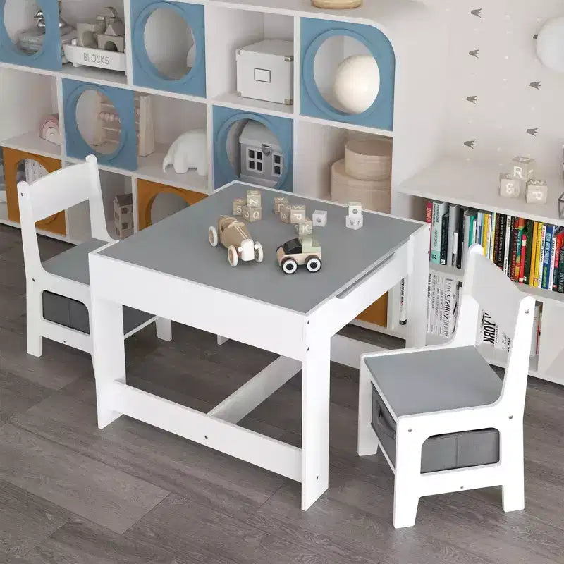 Ensemble Table et Chaises pour Enfants, Table d'Activités en Bois 3 en 1 avec Tiroir de Rangement pour Dessin, Lecture, Bricolage, Ensemble Table à Plateau Amovible 2 en 1