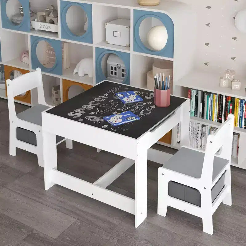 Ensemble Table et Chaises pour Enfants, Table d'Activités en Bois 3 en 1 avec Tiroir de Rangement pour Dessin, Lecture, Bricolage, Ensemble Table à Plateau Amovible 2 en 1