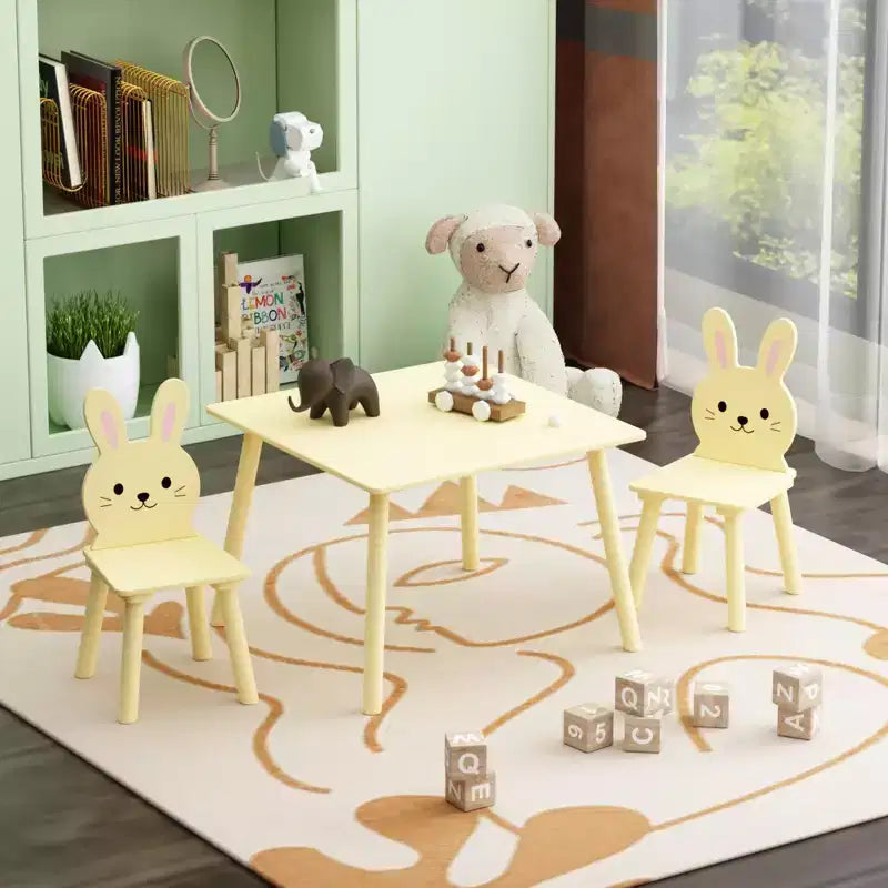Ensemble Table et 2 Chaises Lapin pour Enfants, Table d'Activités en Bois pour Tout-petits, Set de Jeu et d'Étude au Design Animal Adorable pour Salle de Jeux