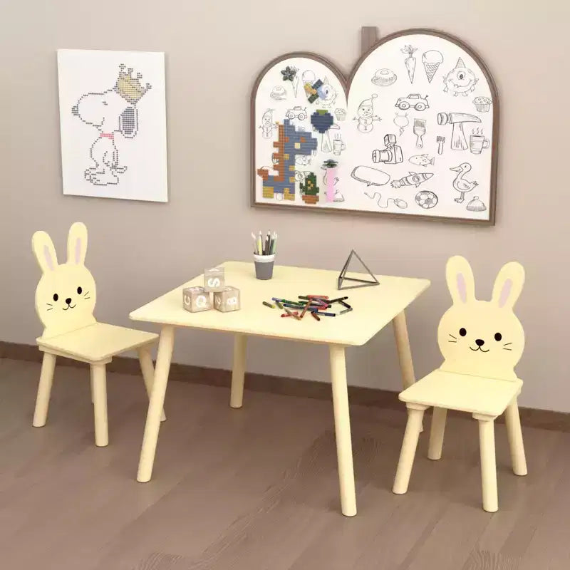 Ensemble Table et 2 Chaises Lapin pour Enfants, Table d'Activités en Bois pour Tout-petits, Set de Jeu et d'Étude au Design Animal Adorable pour Salle de Jeux