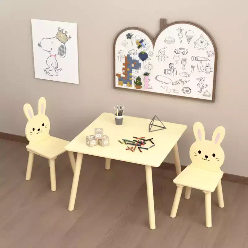 Ensemble Table et 2 Chaises Lapin pour Enfants, Table d'Activités en Bois pour Tout-petits, Set de Jeu et d'Étude au Design Animal Adorable pour Salle de Jeux