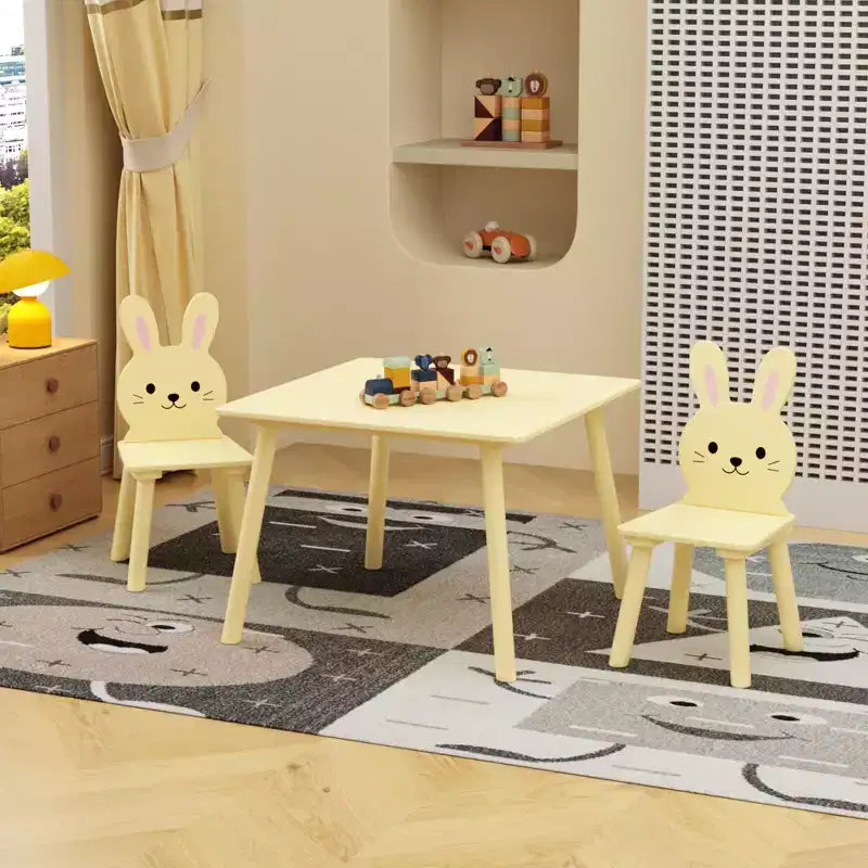Ensemble Table et 2 Chaises Lapin pour Enfants, Table d'Activités en Bois pour Tout-petits, Set de Jeu et d'Étude au Design Animal Adorable pour Salle de Jeux