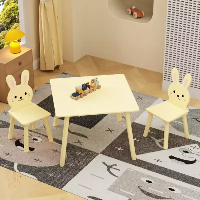 Ensemble Table et 2 Chaises Lapin pour Enfants, Table d'Activités en Bois pour Tout-petits, Set de Jeu et d'Étude au Design Animal Adorable pour Salle de Jeux