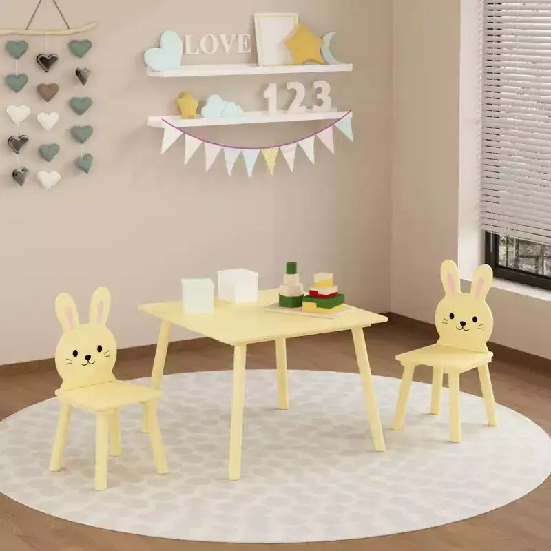 Ensemble Table et 2 Chaises Lapin pour Enfants, Table d'Activités en Bois pour Tout-petits, Set de Jeu et d'Étude au Design Animal Adorable pour Salle de Jeux