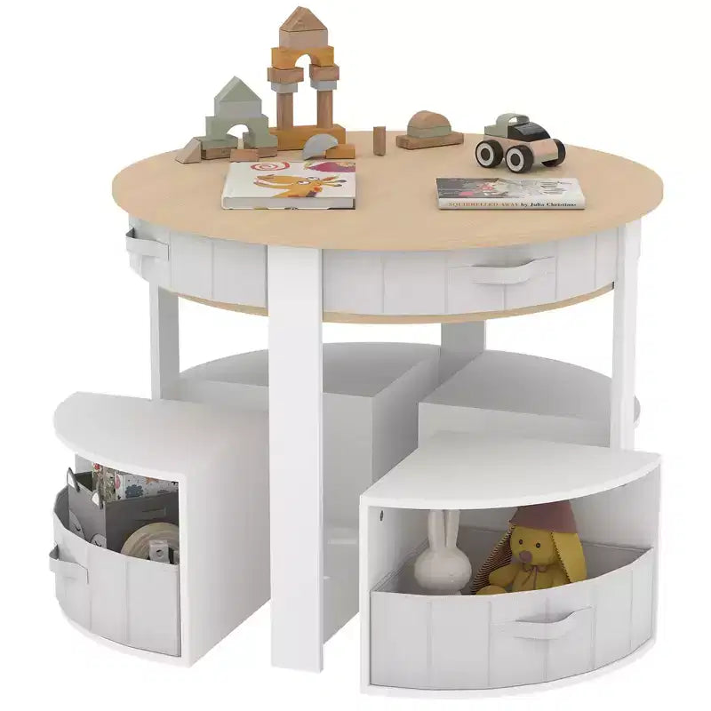 Kids Table and Chair Set, 5 Pieces Wooden Round Nesting Design Children Table With 4 Storage Stools & 4 Fabric Drawers, Toddler Table and Chair Set