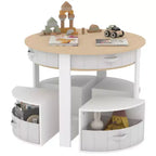 Kids Table and Chair Set, 5 Pieces Wooden Round Nesting Design Children Table With 4 Storage Stools & 4 Fabric Drawers, Toddler Table and Chair Set