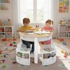 Ensemble Table et Chaises pour Enfants, 5 Pièces, Table Ronde Gigogne en Bois pour Enfants avec 4 Tabourets de Rangement et 4 Tiroirs en Tissu, Ensemble Table et Chaises pour Tout-Petits
