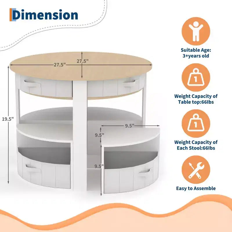 Ensemble Table et Chaises pour Enfants, 5 Pièces, Table Ronde Gigogne en Bois pour Enfants avec 4 Tabourets de Rangement et 4 Tiroirs en Tissu, Ensemble Table et Chaises pour Tout-Petits