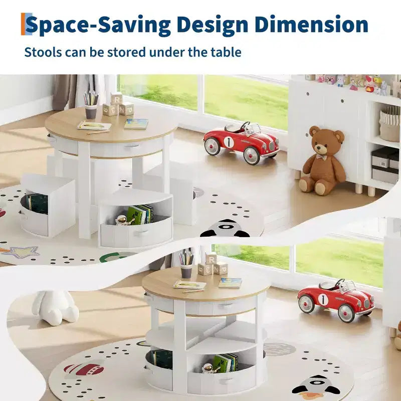 Ensemble Table et Chaises pour Enfants, 5 Pièces, Table Ronde Gigogne en Bois pour Enfants avec 4 Tabourets de Rangement et 4 Tiroirs en Tissu, Ensemble Table et Chaises pour Tout-Petits