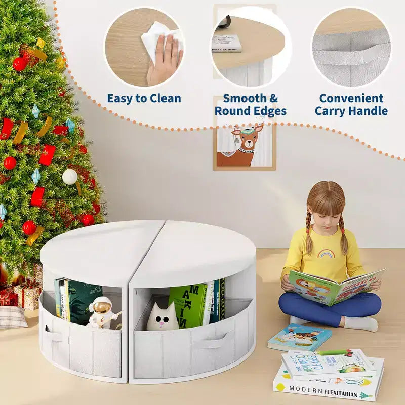 Ensemble Table et Chaises pour Enfants, 5 Pièces, Table Ronde Gigogne en Bois pour Enfants avec 4 Tabourets de Rangement et 4 Tiroirs en Tissu, Ensemble Table et Chaises pour Tout-Petits