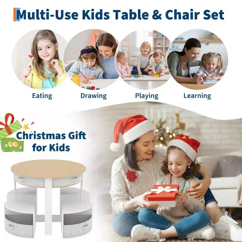 Ensemble Table et Chaises pour Enfants, 5 Pièces, Table Ronde Gigogne en Bois pour Enfants avec 4 Tabourets de Rangement et 4 Tiroirs en Tissu, Ensemble Table et Chaises pour Tout-Petits