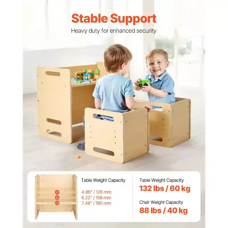 Ensemble table et chaise Montessori Etokfoks en contreplaqué, hauteur réglable, 26,2x14,2x20,5 po, conversion facile, naturel