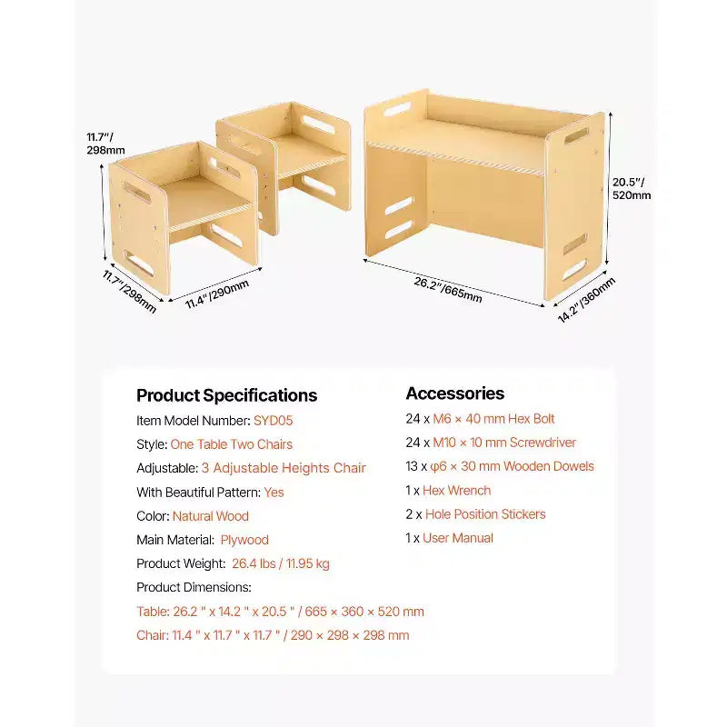 Ensemble table et chaise Montessori Etokfoks en contreplaqué, hauteur réglable, 26,2x14,2x20,5 po, conversion facile, naturel