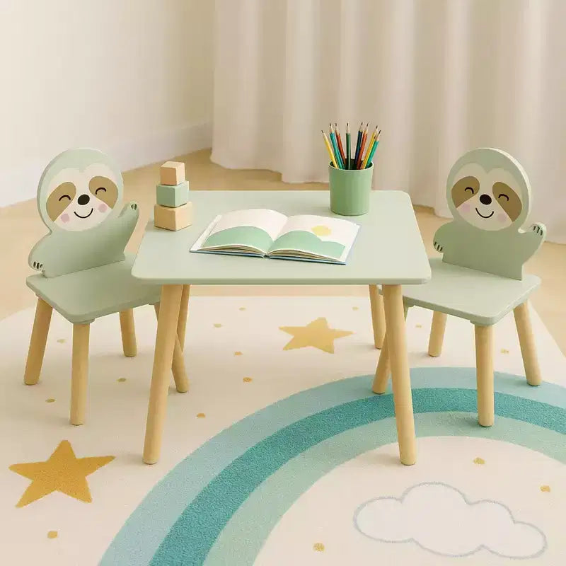 Etokfoks Sloth Kids Table and Chair Set Wooden Toddler Activity Table with 2 Animal Chairs Sage Green for Playroom Bedroom Classroom