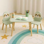 Etokfoks Sloth Kids Table and Chair Set Wooden Toddler Activity Table with 2 Animal Chairs Sage Green for Playroom Bedroom Classroom