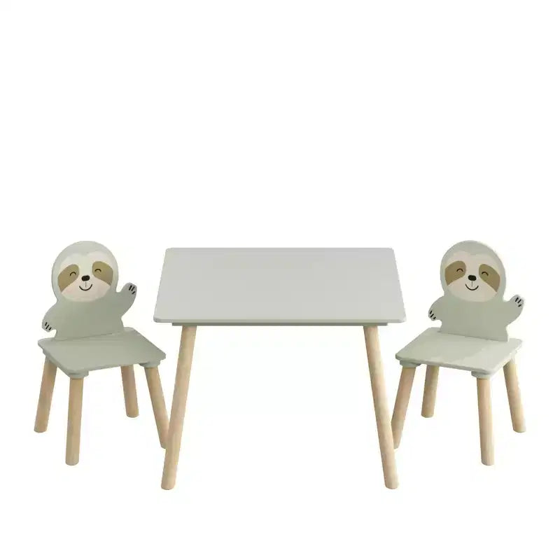 Table et chaises en bois Etokfoks Sloth pour enfants avec 2 chaises animaux Vert sauge pour salle de jeux, chambre, salle de classe