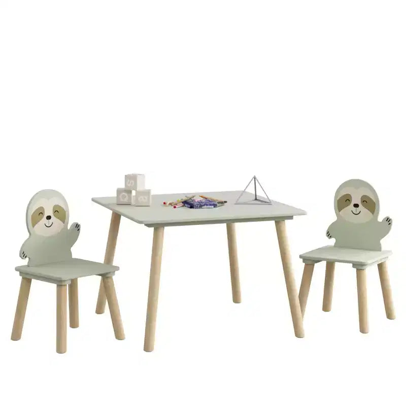 Table et chaises en bois Etokfoks Sloth pour enfants avec 2 chaises animaux Vert sauge pour salle de jeux, chambre, salle de classe