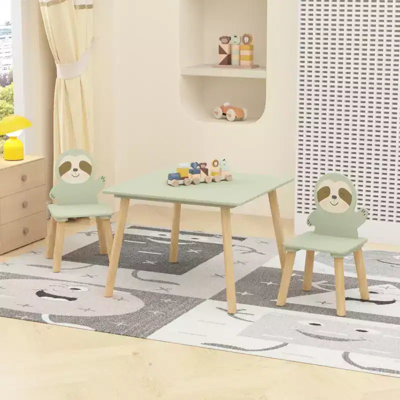 Table et chaises en bois Etokfoks Sloth pour enfants avec 2 chaises animaux Vert sauge pour salle de jeux, chambre, salle de classe