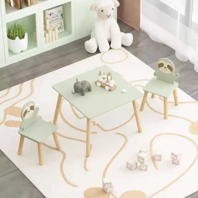 Table et chaises en bois Etokfoks Sloth pour enfants avec 2 chaises animaux Vert sauge pour salle de jeux, chambre, salle de classe
