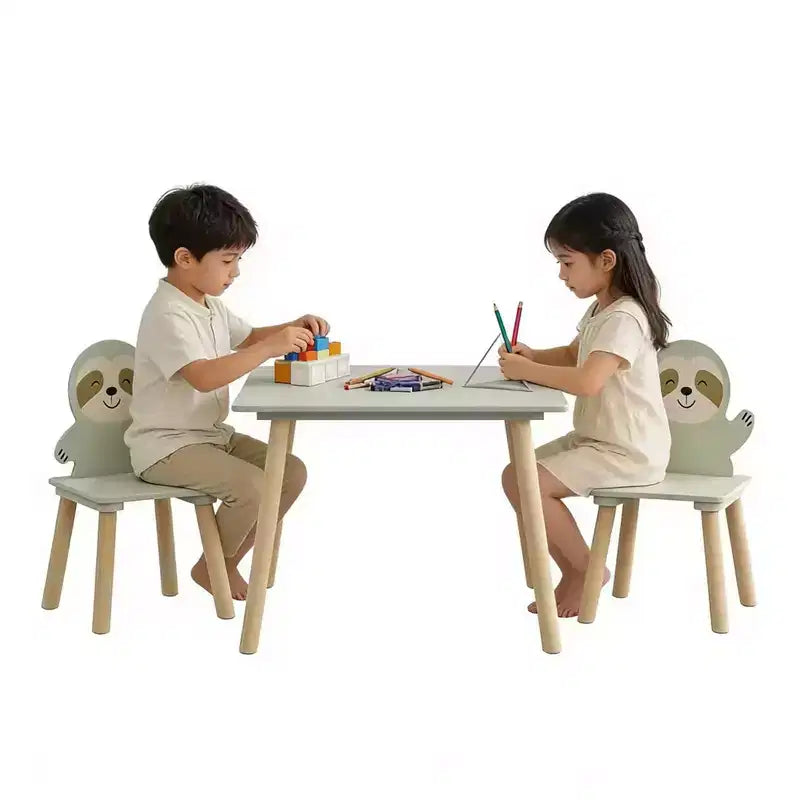 Table et chaises en bois Etokfoks Sloth pour enfants avec 2 chaises animaux Vert sauge pour salle de jeux, chambre, salle de classe