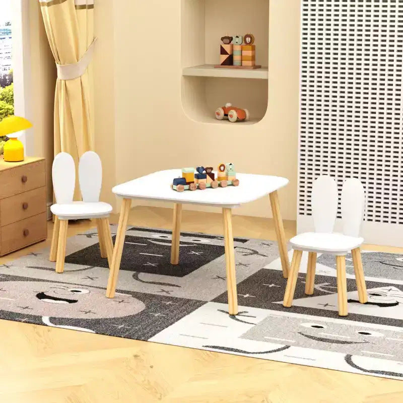 Etokfoks Kids Table and 2 Chairs Set Rabbit Ear Design Solid Wood White 23.6x23.6x17.3 Table 10.6x10.6x19.7 Chairs