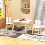 Etokfoks Kids Table and 2 Chairs Set Rabbit Ear Design Solid Wood White 23.6x23.6x17.3 Table 10.6x10.6x19.7 Chairs