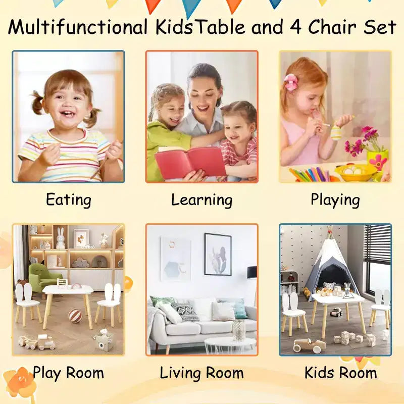 Etokfoks Table et 2 chaises pour enfants Motif oreilles de lapin Bois massif Blanc Table 60x60x44 cm Chaises 27x27x50 cm