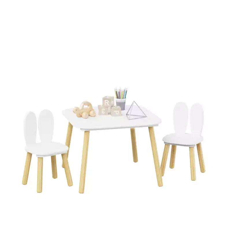Etokfoks Table et 2 chaises pour enfants Motif oreilles de lapin Bois massif Blanc Table 60x60x44 cm Chaises 27x27x50 cm