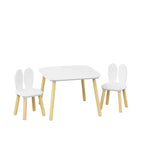 Etokfoks Table et 2 chaises pour enfants Motif oreilles de lapin Bois massif Blanc Table 60x60x44 cm Chaises 27x27x50 cm