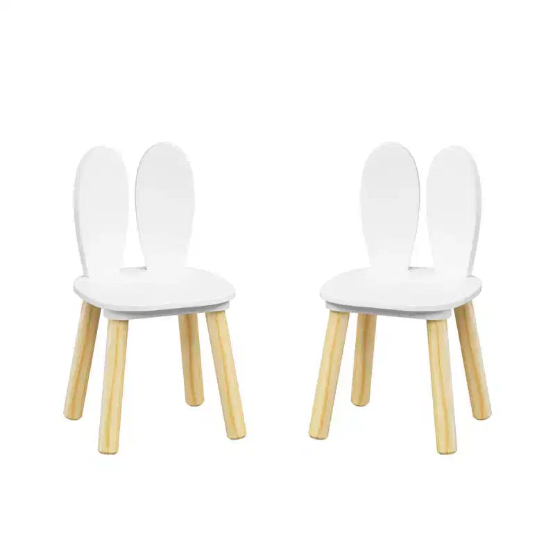 Etokfoks Table et 2 chaises pour enfants Motif oreilles de lapin Bois massif Blanc Table 60x60x44 cm Chaises 27x27x50 cm